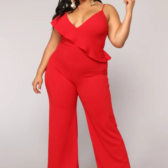 NOVALUXE Ruffle Detail Spaghetti Strap & Tank Shoulder Red Jumpsuit Wide Leg 1X - Picture 1 of 6